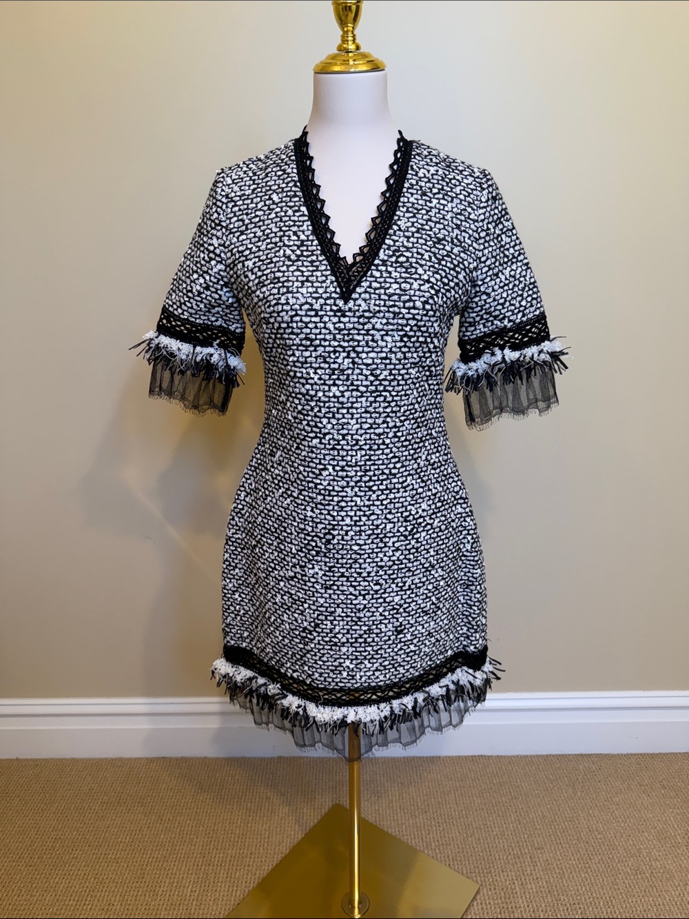 Jonathan Simkhai NWT Tweed Mini Dress Size 6 Black White Fringe Lace Trim $875